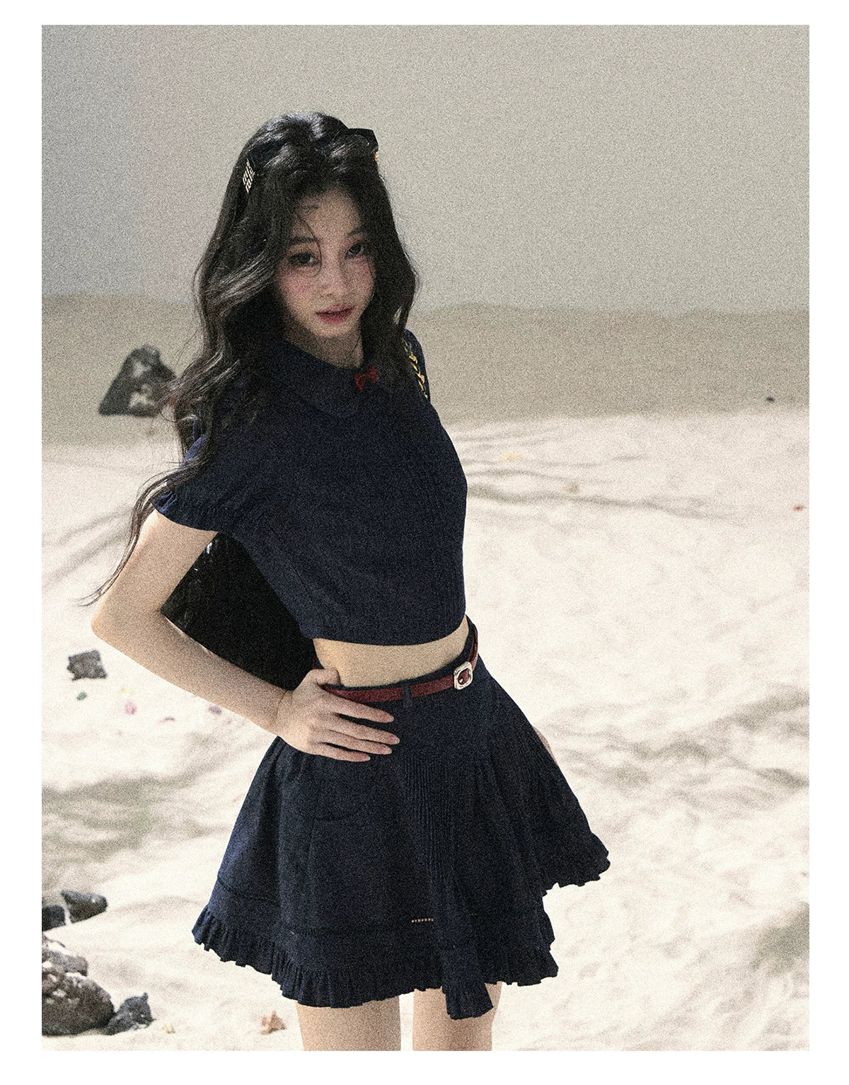 "Seaside Breeze" Navy Blue Denim Pleated Top & Mini Skirt Two-Piece Set