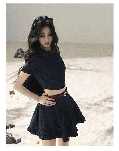 "Seaside Breeze" Navy Blue Denim Pleated Top & Mini Skirt Two-Piece Set