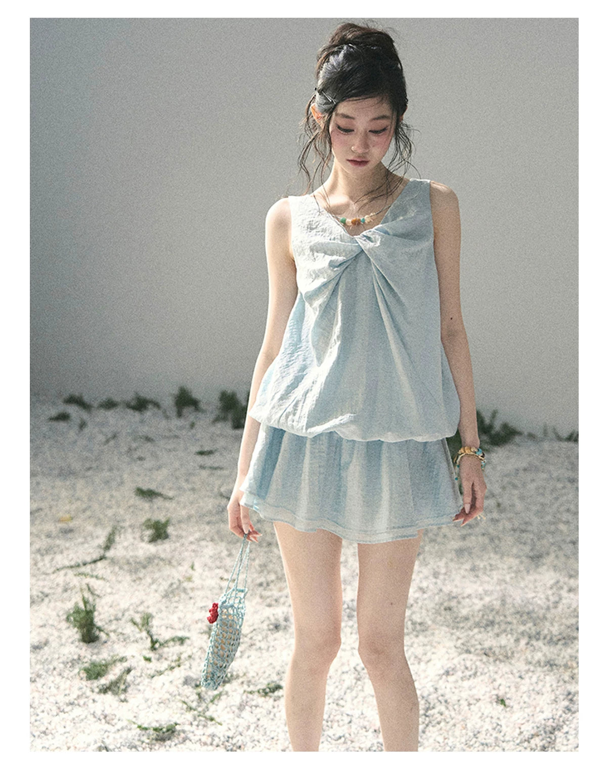 “Whispering Grass” Moonlight Blue Twist Mini Dress