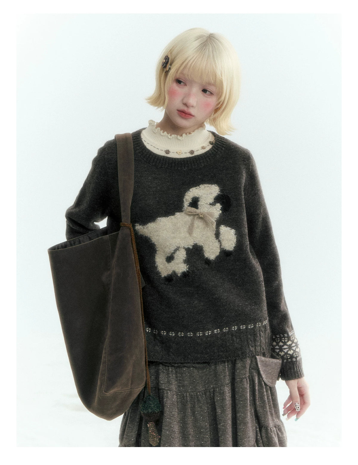 Horridale - Vintage Ruffle-Trim Wool-Blend Mock Neck Top (White Almond / Dark Gray)