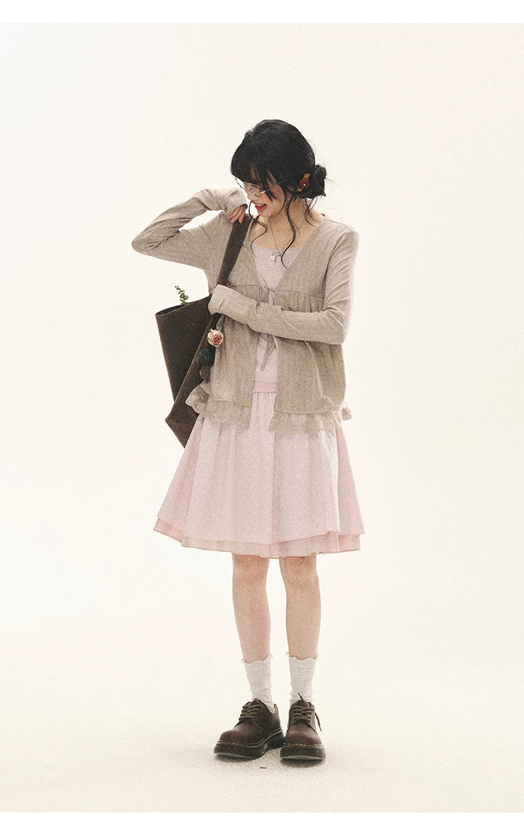 "Roasted Tea Heart" Milk Tea Faux-Layer Lace Cardigan & Skirt Set