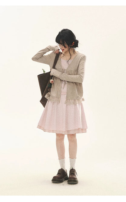 "Roasted Tea Heart" Milk Tea Faux-Layer Lace Cardigan & Skirt Set