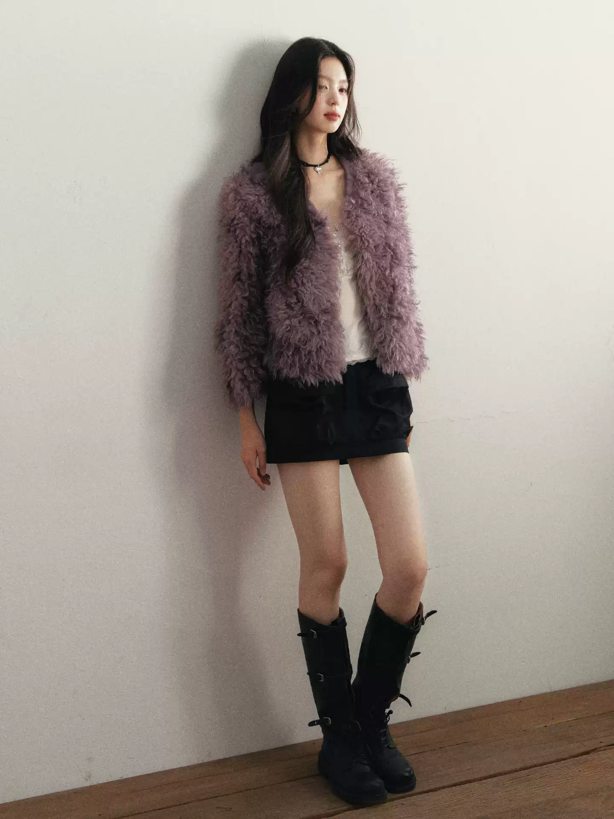 1P - Purple Faux Fur V-Neck Cropped Jacket
