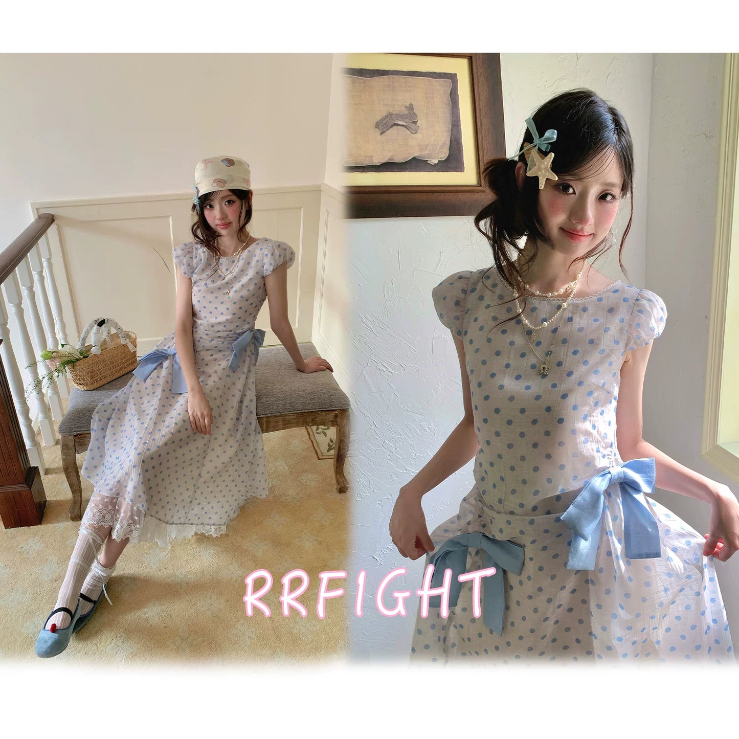 “Blue Mist Polka Reverie” Mist Blue Bow Lace Dress