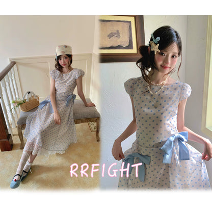 “Blue Mist Polka Reverie” Mist Blue Bow Lace Dress