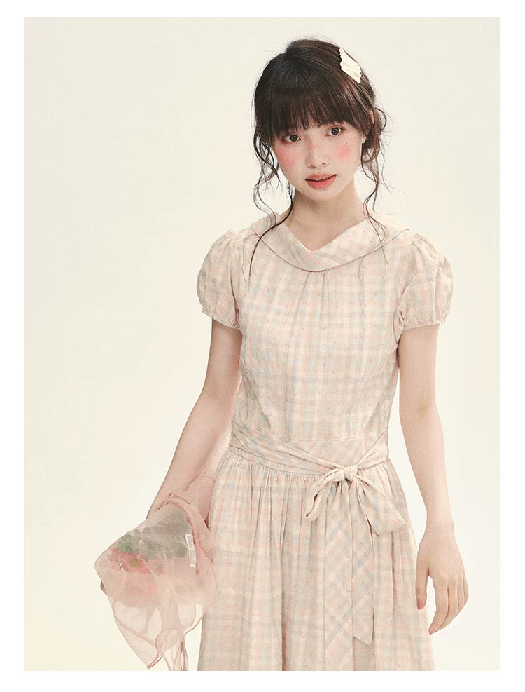 "Showa Girl" Vintage Plaid Floral Print Peter Pan Collar Bow Waist-Defined A-Line Dress
