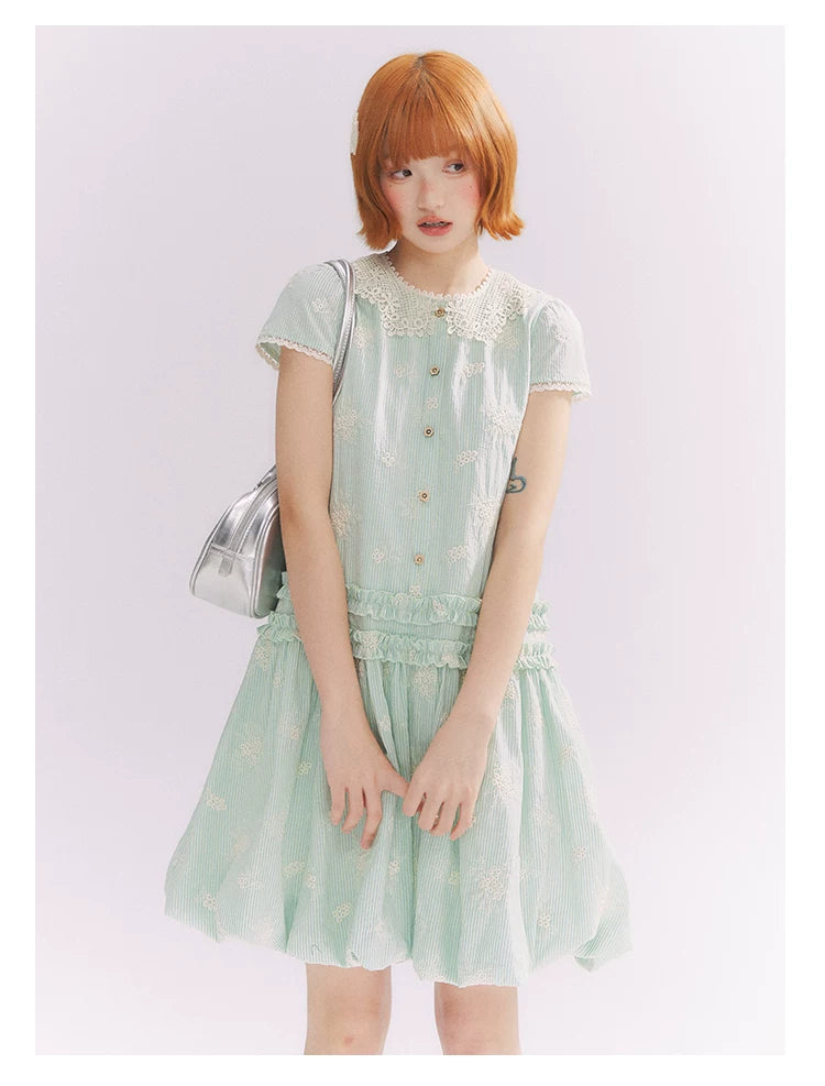 “Mint Lime” Green Stripe Lace Babydoll Dress