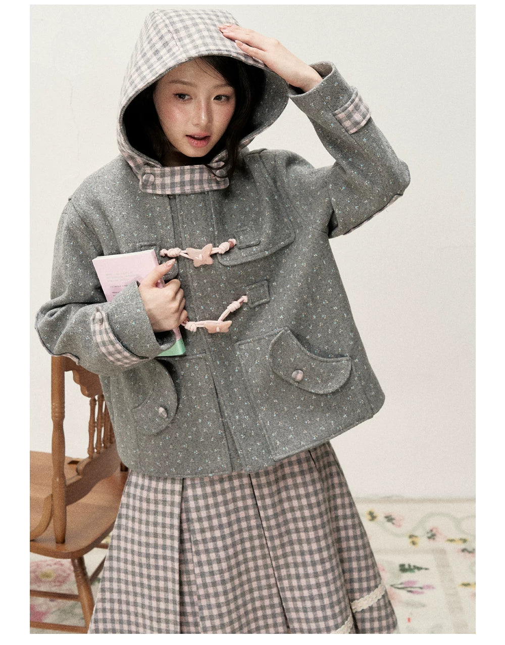 [RF] Floral Heather Gray Pink Plaid-Trim Hooded Duffle Coat