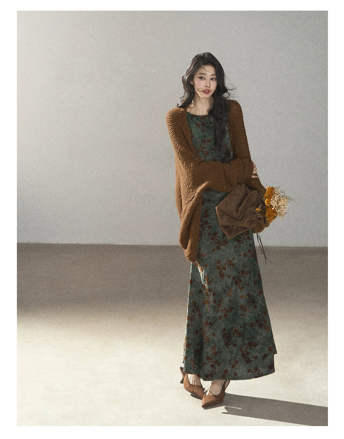 AOMALM - Caramel Brown Openwork Knit Cardigan