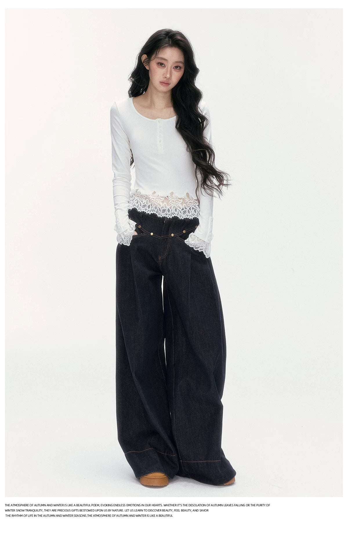 24olvides - Fitted Henley Top with Asymmetric Lace Trim (White / Brown)
