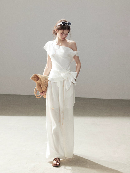 "Her Moonlight" Camellia White Off-Shoulder Top & Wide-Leg Pants Set