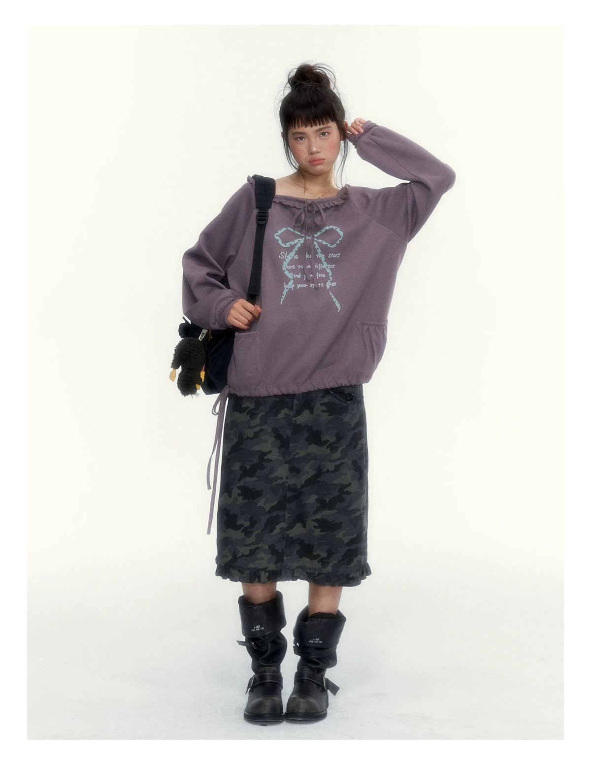 Deep Purple Bow-Tie Lettuce-Trim Off-Shoulder Sweatshirt