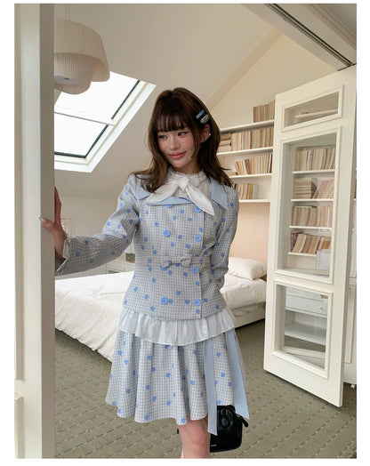 “Bluebell Letter” Light Blue Plaid Blazer Top & Ribbon Skirt