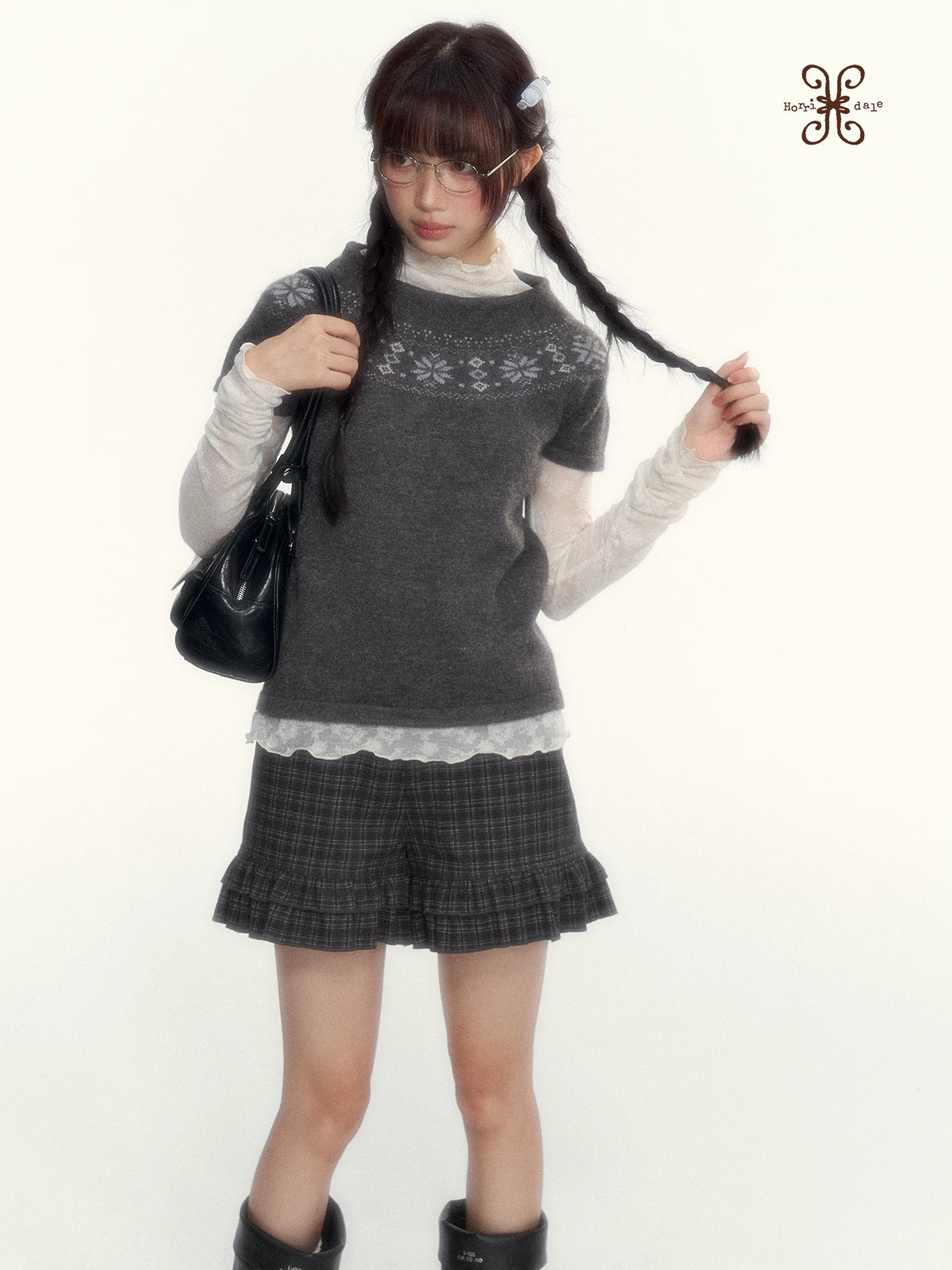 Deep Gray Fair Isle Short-Sleeve Knit Sweater