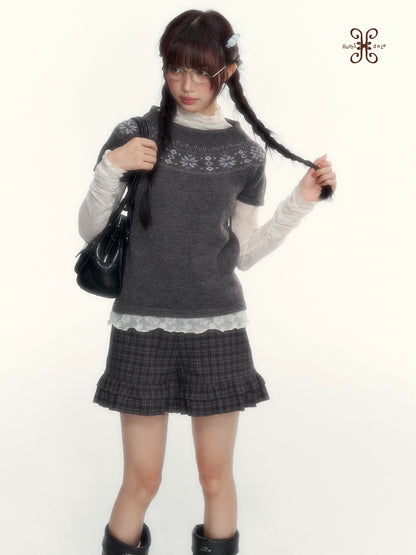 Deep Gray Fair Isle Short-Sleeve Knit Sweater