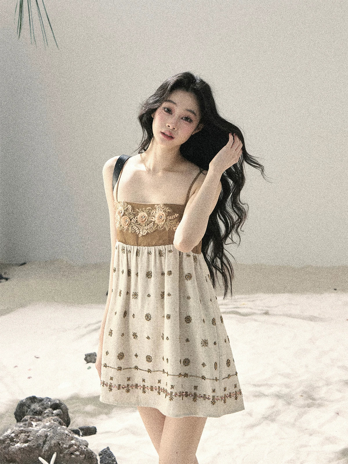 "Whispers Through the Wheat Fields" Oat Beige Floral Cami Babydoll Mini Dress