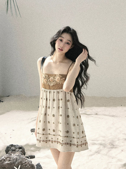 "Whispers Through the Wheat Fields" Oat Beige Floral Cami Babydoll Mini Dress