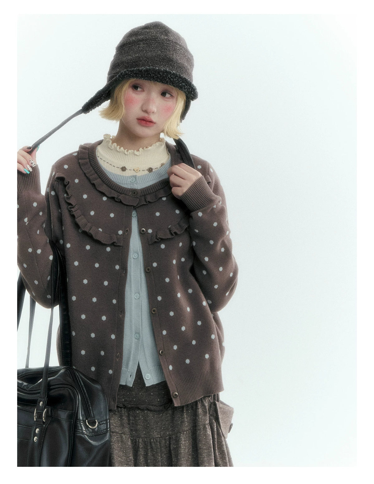 Dark Taupe Brown Polka Dot Layered Knit Sweater