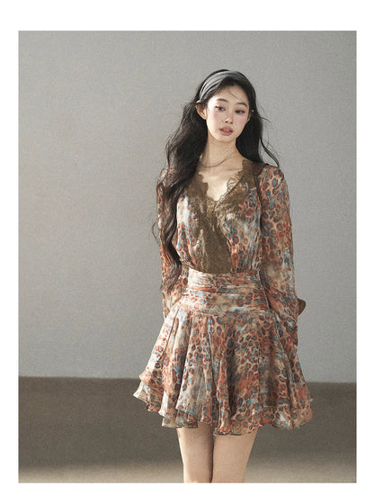 AOMALM - “Whispers of Withered Branches” Rich Cocoa French Lace Chiffon Mini Dress with Tights