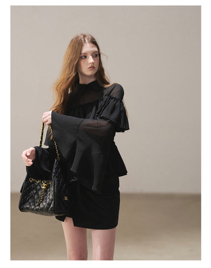 170726 "Veiled in the Evening Mist" Tranquil Black Ruffle Blouse