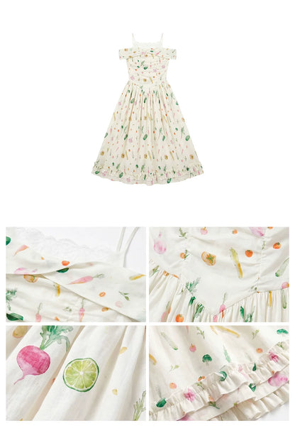 “Verdant Orchard Reverie” Beige Fruit Print Off-Shoulder Dress