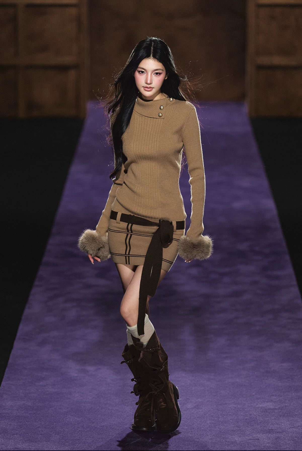 "Winter Whisper" Light Khaki Mock Neck Knit Mini Dress