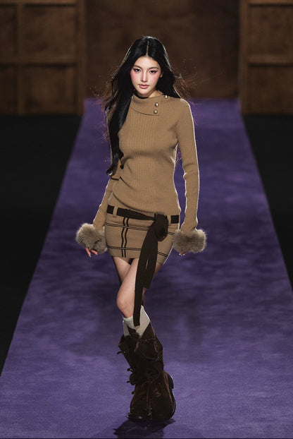 "Winter Whisper" Light Khaki Mock Neck Knit Mini Dress