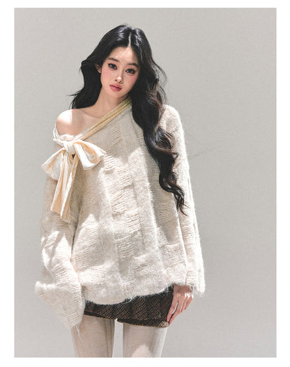 少也眼 "She Walks Through Morning" Bow-Knit Off-Shoulder Sweater - Almond Beige 58634584