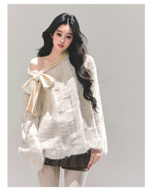 少也眼 "She Walks Through Morning" Bow-Knit Off-Shoulder Sweater - Almond Beige 58634584