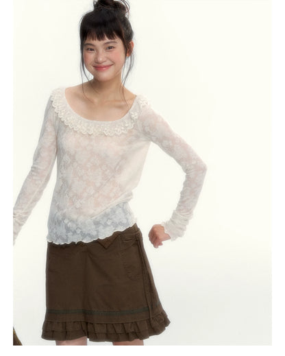 “Everyday Mist” Jacquard Lace Layering Top ( Ivory / Fog Gray )