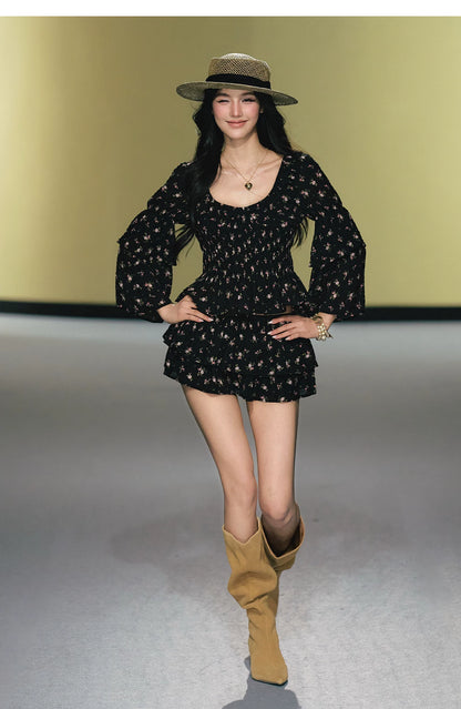 "Midnight Tea Garden" Black Floral Ruffle Blouse & Tiered Mini Skirt Set