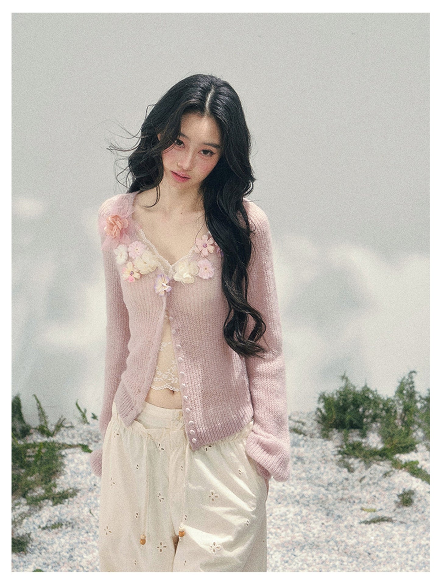 少也眼 “Spring Meadow Breeze” Floral-Embellished Mohair Knit Cardigan Set 5786998