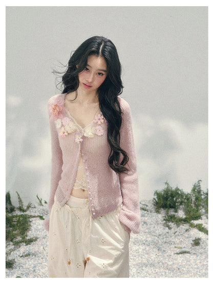 少也眼 “Spring Meadow Breeze” Floral-Embellished Mohair Knit Cardigan Set 5786998