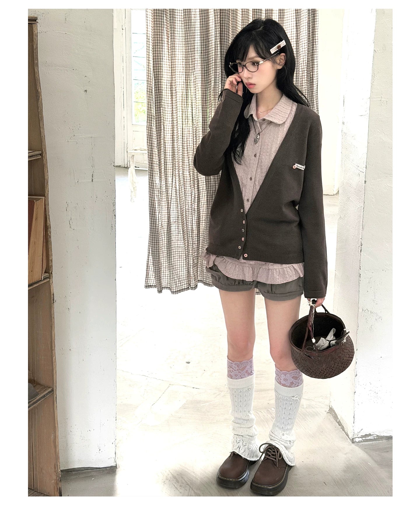 "Sage Whisper" Autumn Layered Collection (Knit Cardigan / Ruffle Shirt / Bubble Shorts)