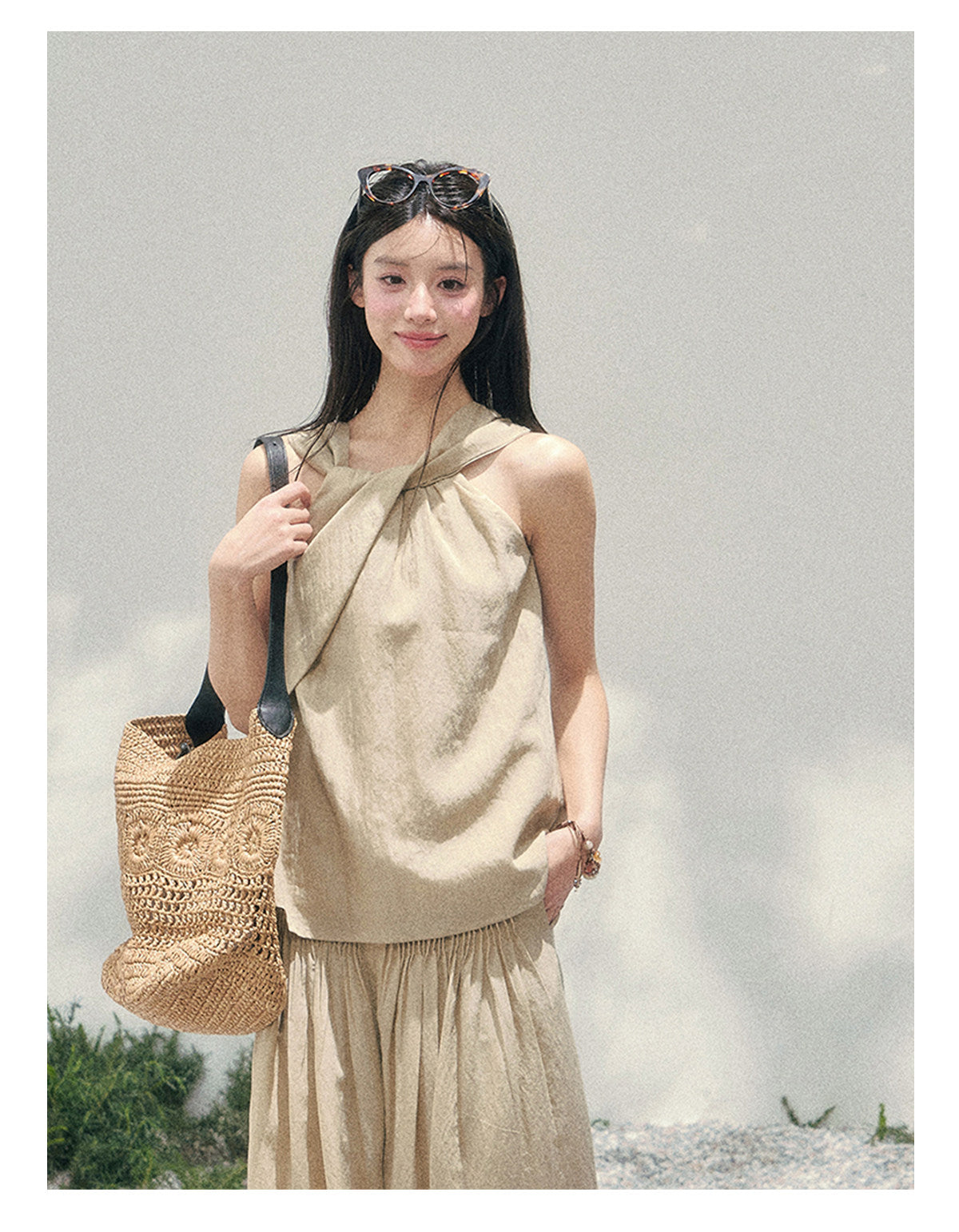 “Soft Khaki Whisper” Milk Tea Halter Twist Top & Wide-Leg Trousers