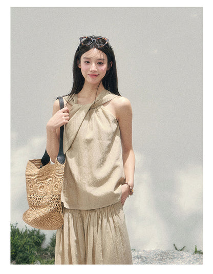 “Soft Khaki Whisper” Milk Tea Halter Twist Top & Wide-Leg Trousers