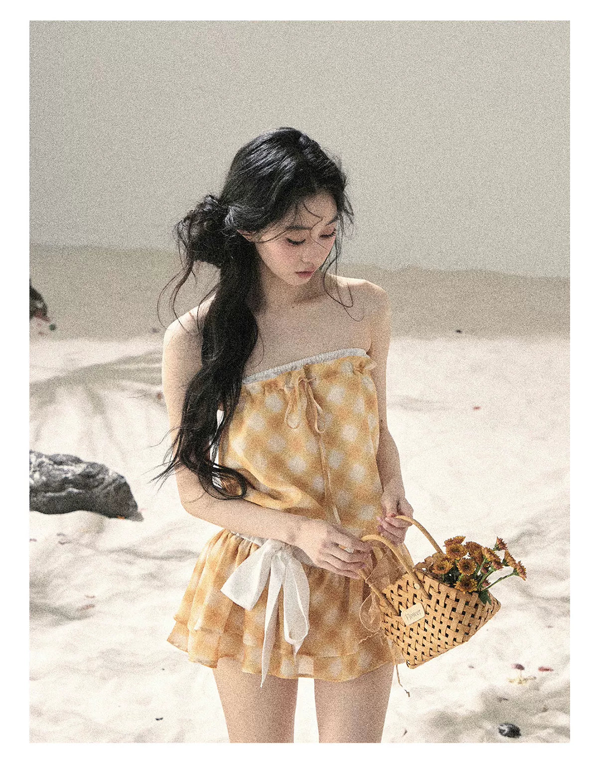 "Breeze Upon the Waves" Cheese Yellow Off-Shoulder Diamond Quilted Mini Dress