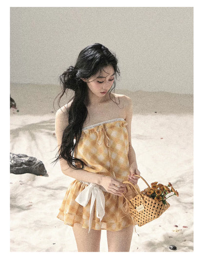 "Breeze Upon the Waves" Cheese Yellow Off-Shoulder Diamond Quilted Mini Dress