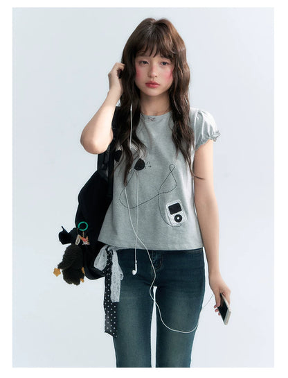 "Walkman Days" Retro Appliqué Puff Sleeve Tee