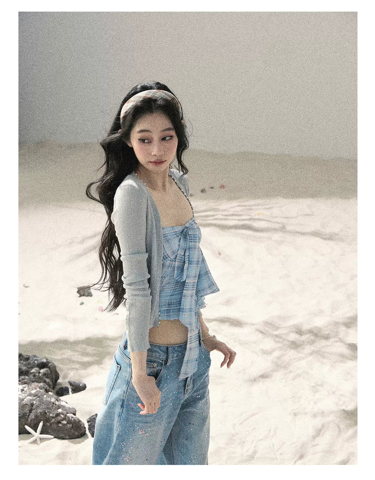 "Blue Danube Reverie" Mist Blue Bow Bandeau Crop Top & Cardigan Set 54638463