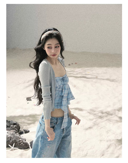 "Blue Danube Reverie" Mist Blue Bow Bandeau Crop Top & Cardigan Set 54638463
