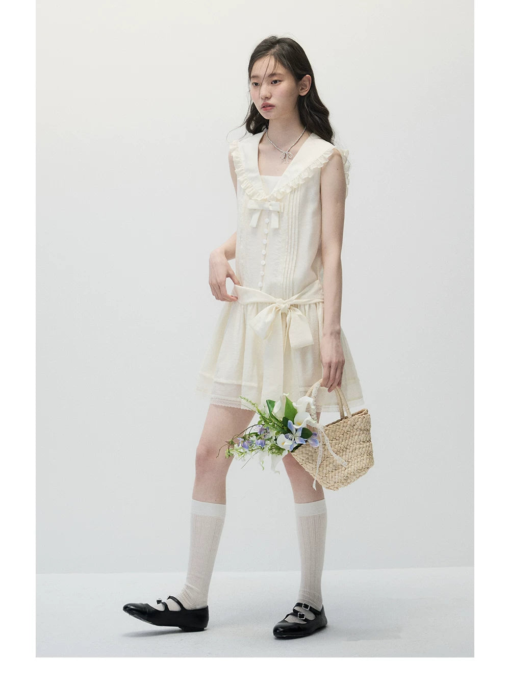 Ivory Beige Low-Rise Sailor Collar Dress with Adjustable Bow Ties