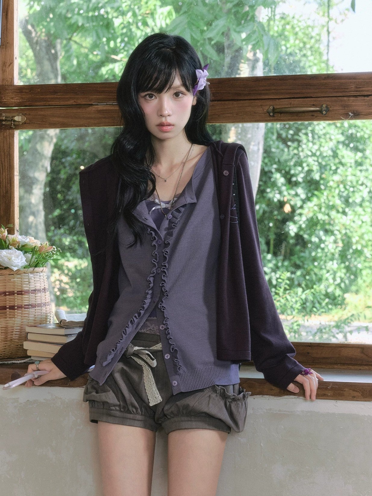 "Sage Whisper" Layered Knit Collection (Hooded Knit Cardigan / Lace Cami / Bubble Shorts)
