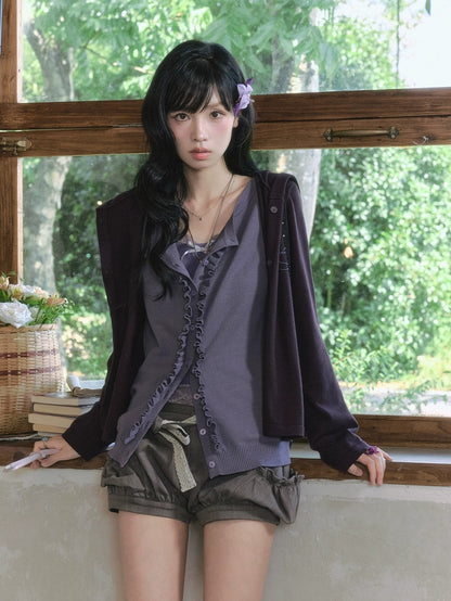 "Sage Whisper" Layered Knit Collection (Hooded Knit Cardigan / Lace Cami / Bubble Shorts)