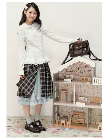 [RF] Blue & Brown Plaid Midi Skirt with Floral Buttons & Ruffle Trim