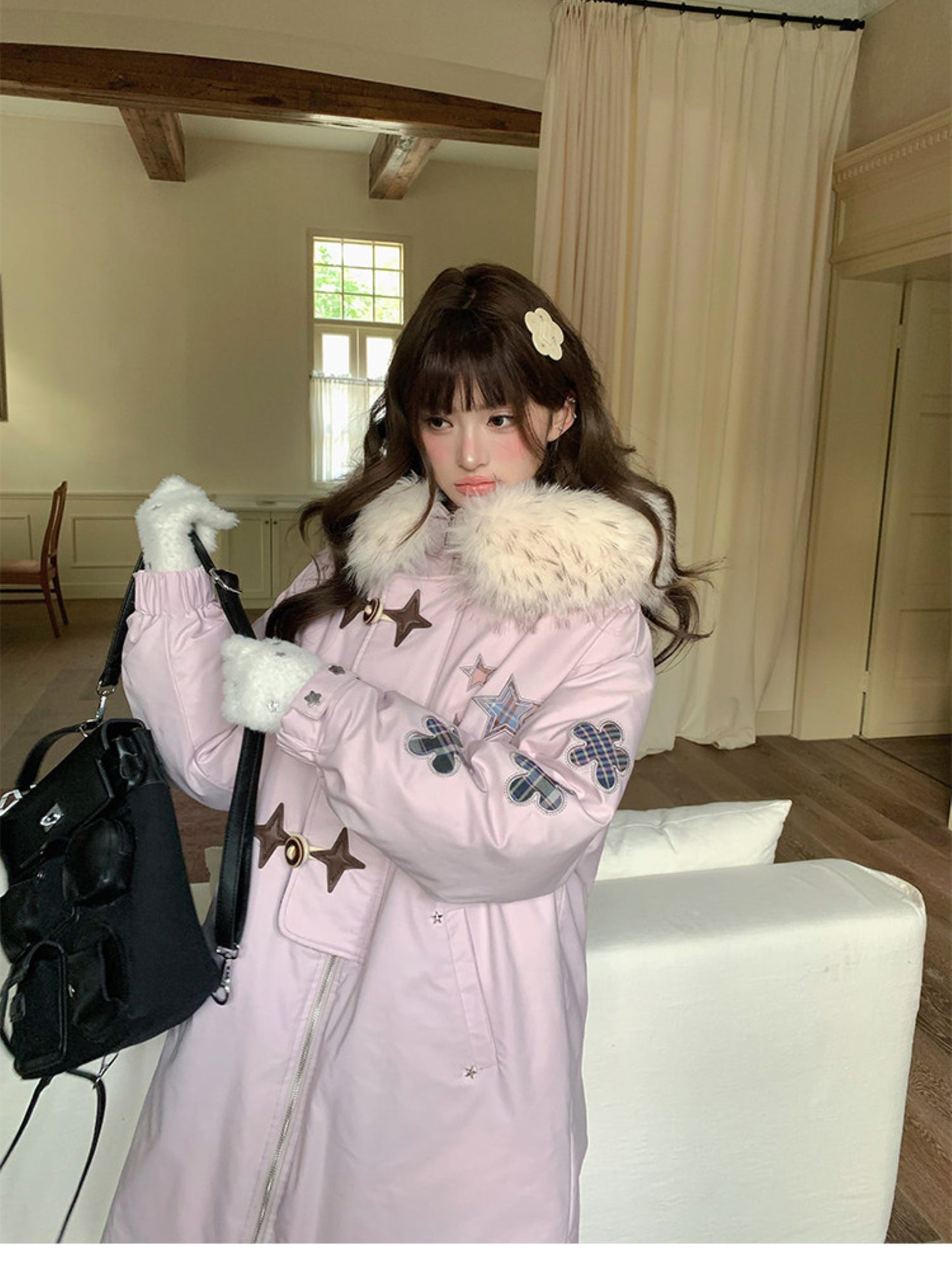 阮阮自制 - Starlight Dream Lilac Star-Trim Duck Down Coat