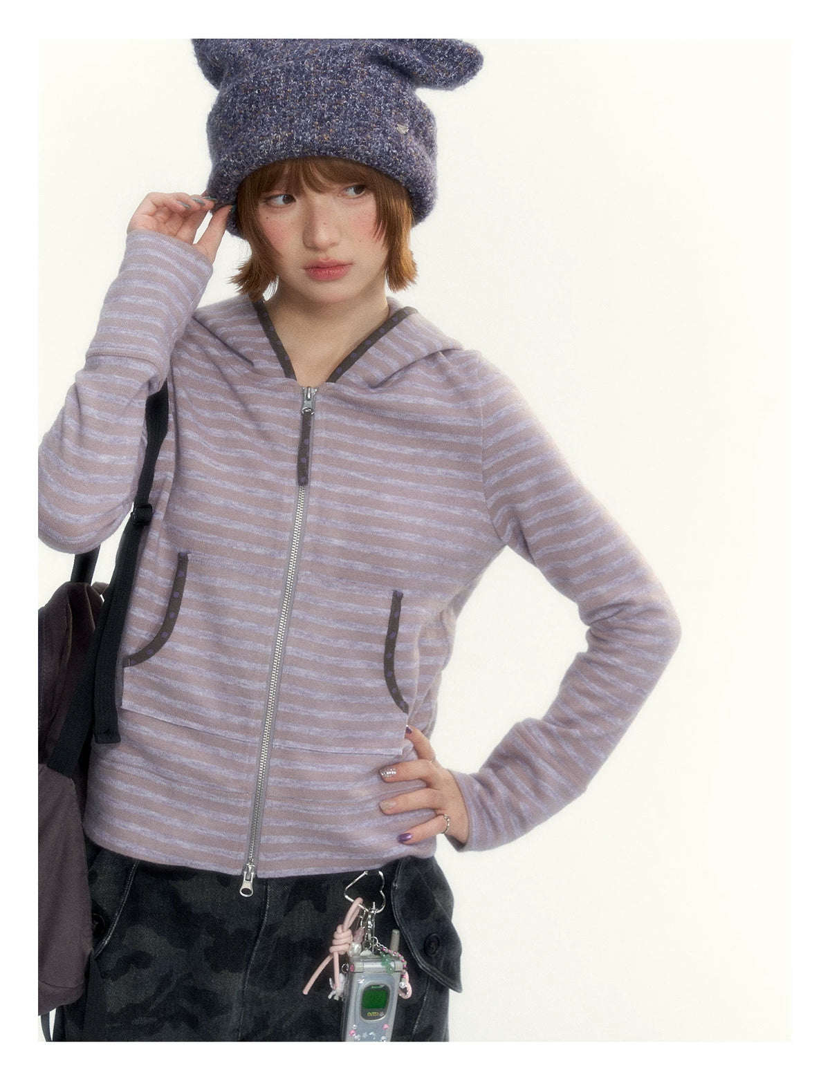 Dusty Purple Stripe Hooded Knit Cardigan