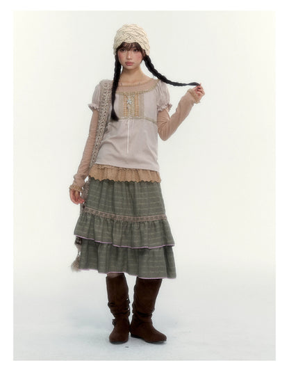 Dried Grass Green Vintage Lace Tiered A-Line Skirt