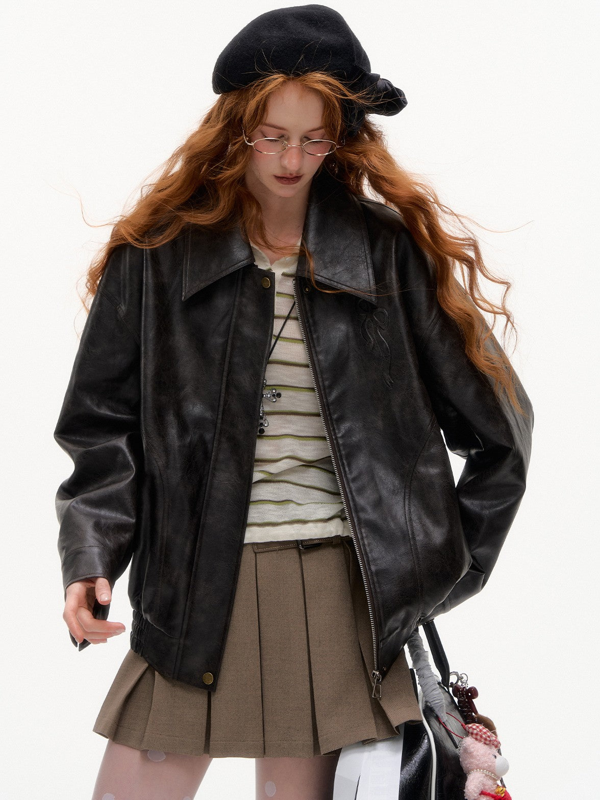 ASGONY - Retro Puppy Embossed Faux Leather Jacket