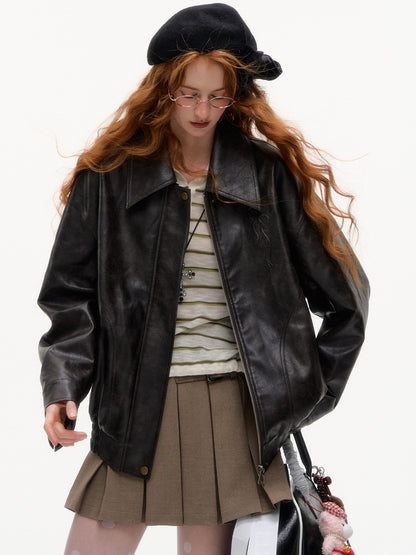 ASGONY - Retro Puppy Embossed Faux Leather Jacket